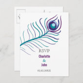 Paarse mod, blauwgroen blauwe pauw bruiloft rsvp uitnodiging briefkaart (Voorkant / Achterkant)