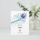 Paarse mod, blauwgroen blauwe pauw bruiloft rsvp uitnodiging briefkaart (Staand voorkant)