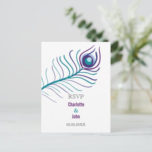 Paarse mod, blauwgroen blauwe pauw bruiloft rsvp uitnodiging briefkaart (Staand voorkant)