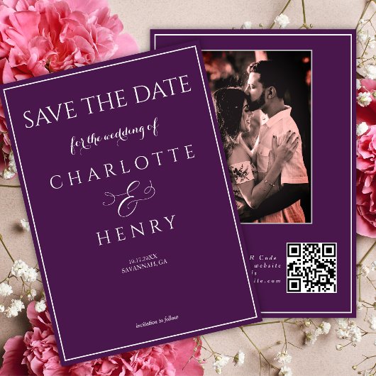 Paarse Moderne Elegante Kalligrafie Foto QR Code  Save The Date