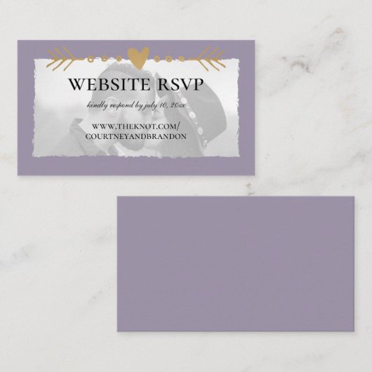 Paarse moderne foto Gold Heart website RSVP Informatiekaartje (Voorkant / Achterkant)