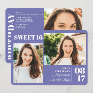 Paarse moderne gedurfde 3 foto's Sweet 16 verjaard Kaart