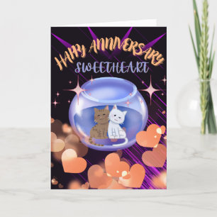 Paarse Moderne Neon Hart Kat Bruiloft Jubileum Bedankkaart