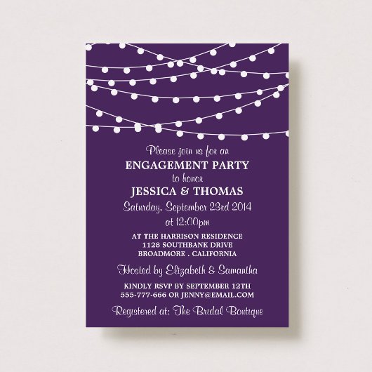 Paarse moderne String Lights Engagement Party Kaart