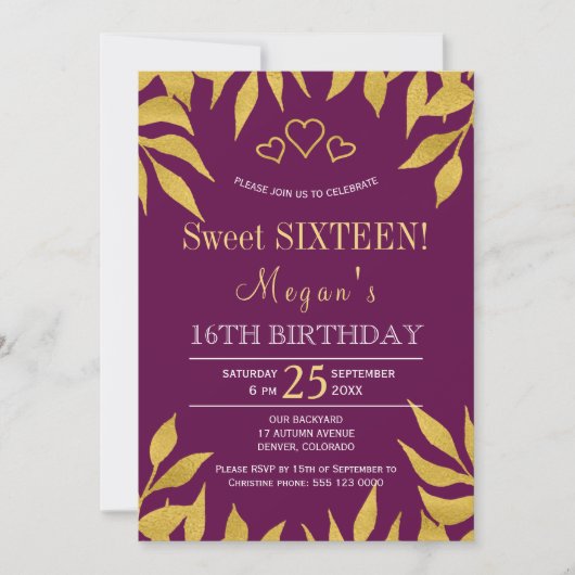 Paarse moerbei gouden herfstbladeren sweet sixteen kaart (Voorkant)