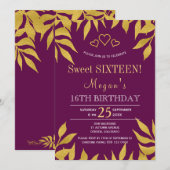 Paarse moerbei gouden herfstbladeren sweet sixteen kaart (Voorkant / Achterkant)