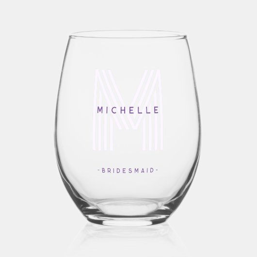 Paarse Monogram Bruidsmeisje Bruiloft Bachelorette Wijnglas Zonder Voet (Voorkant)