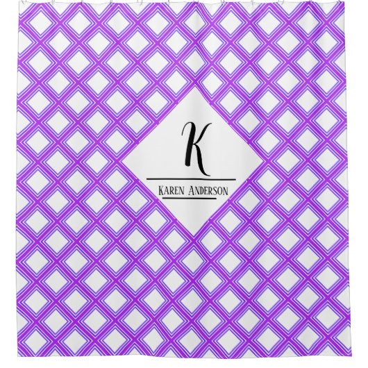 Paarse monogram en volledige naam douchegordijn (Voorkant)