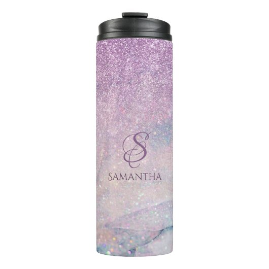 Paarse monogram Faux Glitter en Marble 2 Thermosbeker (Voorkant)