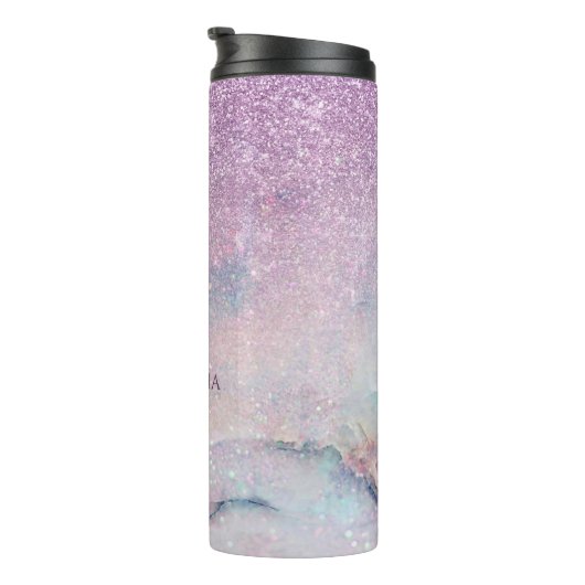 Paarse monogram Faux Glitter en Marble 2 Thermosbeker (Geroteerd rechts)