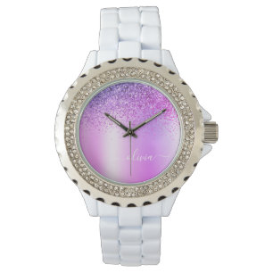Paarse Monogram Glitter Glans Meisjesachtig Schrif Horloge