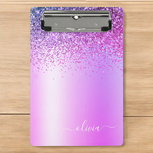 Paarse Monogram Glitter Glans Meisjesachtig Schrif Mini Klembord