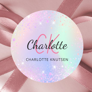 Paarse monogram holografisch roze ronde sticker