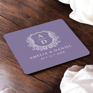 Paarse Monogram Huwelijk Bloemkam Elegant Vierkante Kartonnen Onderzetter