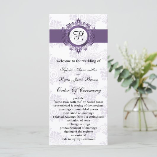 paarse monogram huwelijksprogramma programma (Staand voorkant)