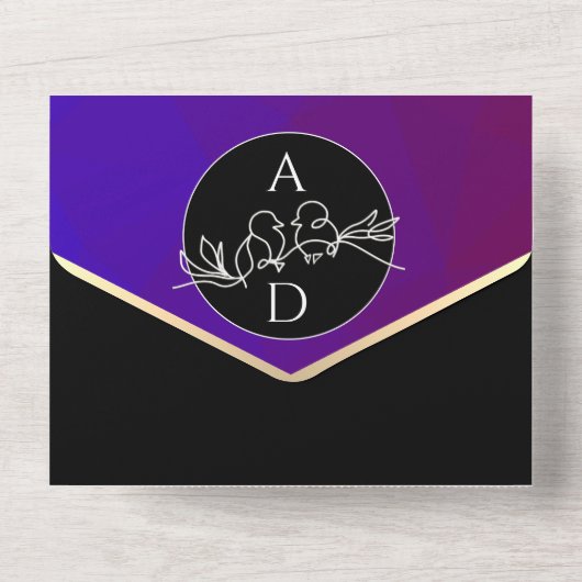 Paarse monogram in één uitnodiging (Achterkant)