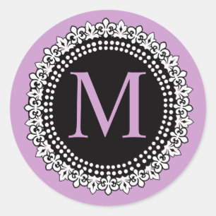 Paarse monogram M Fleur de lis Wedding Sticker
