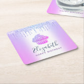 Paarse monogram naam cupcake glittersiroop schrift vierkante kartonnen onderzetter (Schuin)