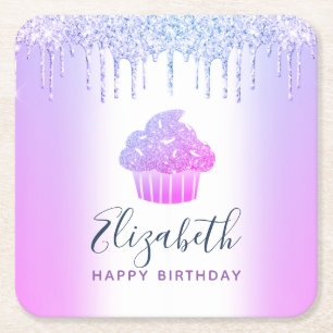 Paarse monogram naam cupcake glittersuikerdruppels vierkante kartonnen onderzetter