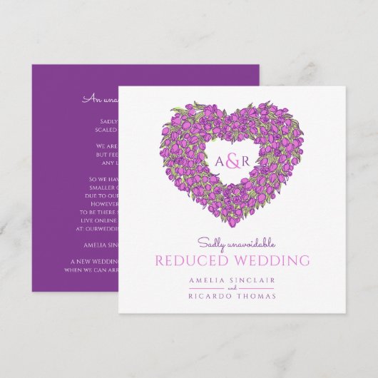 Paarse monogram tulpen hart verkleinde trouwfeest aankondiging (Voorkant / Achterkant)