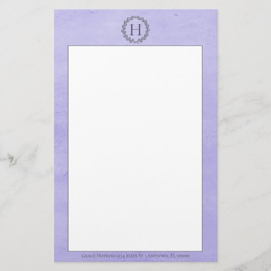 Paarse monogram weeshuis briefpapier (Voorkant)