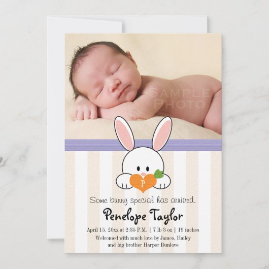PAARSE MONOGRAMMED BUNNY RABBIT BIRTH ANNOUNCTION AANKONDIGING (Voorkant)