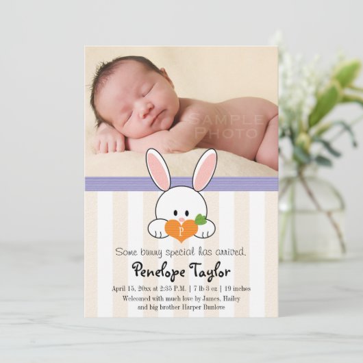 PAARSE MONOGRAMMED BUNNY RABBIT BIRTH ANNOUNCTION AANKONDIGING (Staand voorkant)