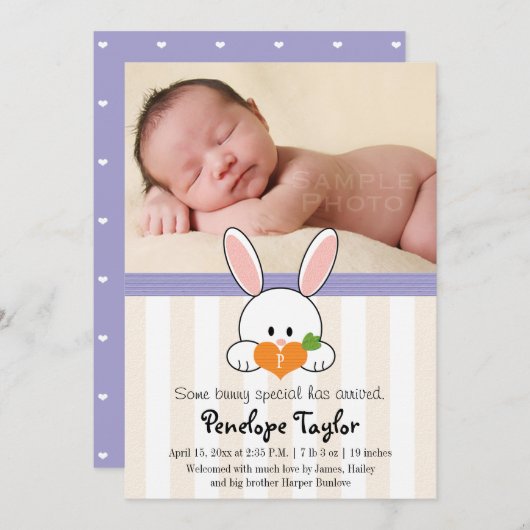 PAARSE MONOGRAMMED BUNNY RABBIT BIRTH ANNOUNCTION AANKONDIGING (Voorkant / Achterkant)