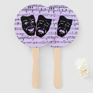 Paarse muziek- en theater-maskers handwaaier