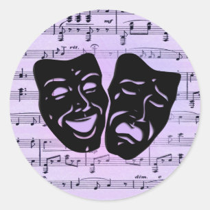 Paarse muziek- en theatermaskers ronde sticker
