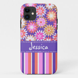 Paarse 'n roze bloemen en strepen iPhone 11 hoesje