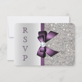 Paarse Nabootsing Boog Zilveren Lovertjes Diamant RSVP Kaartje