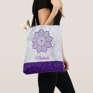 Paarse namaak glitters mandala op grijs & wit marm draagtas