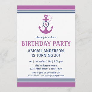 Paarse Nautical Birthday Party nodigt Anchor uit Kaart