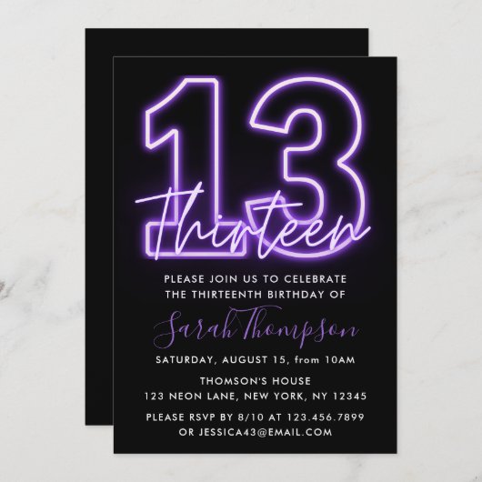 Paarse Neon 13e verjaardag Uitnodiging (Voorkant / Achterkant)