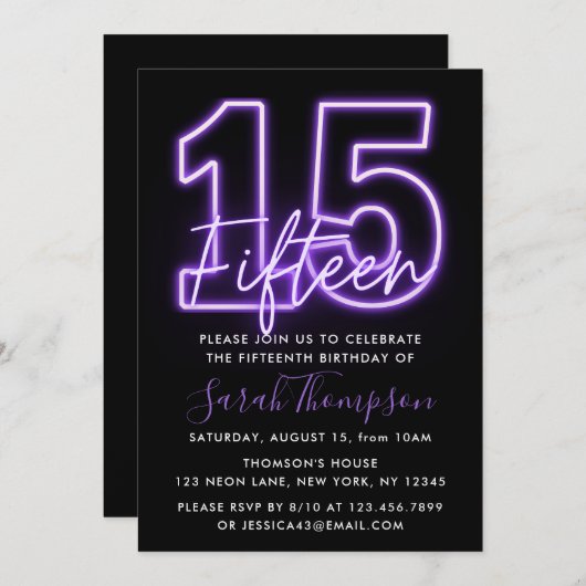 Paarse Neon 15e verjaardag Uitnodiging (Voorkant / Achterkant)
