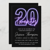 Paarse Neon 20e verjaardag Uitnodiging (Voorkant / Achterkant)