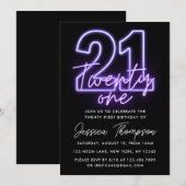 Paarse Neon 21st Birthday Uitnodiging (Voorkant / Achterkant)