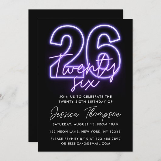 Paarse Neon 26e verjaardag Uitnodiging (Voorkant / Achterkant)