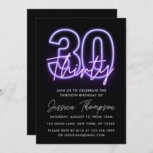 Paarse Neon 30th Birthday Uitnodiging (Voorkant / Achterkant)