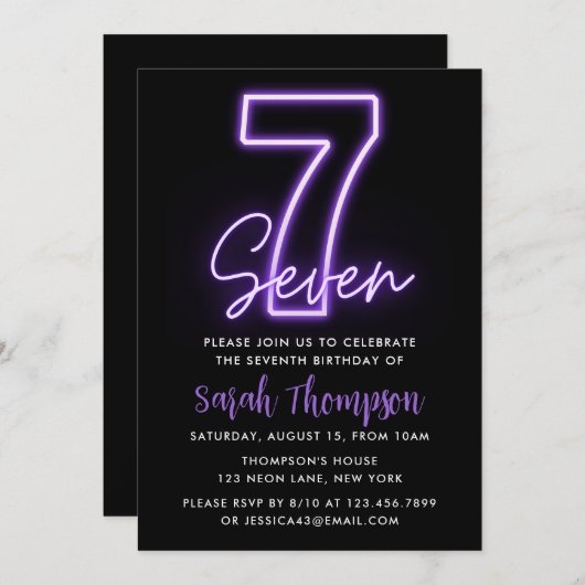 Paarse Neon 7e verjaardag Uitnodiging (Voorkant / Achterkant)