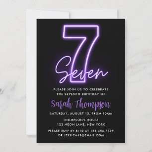 Paarse Neon 7e verjaardag Uitnodiging