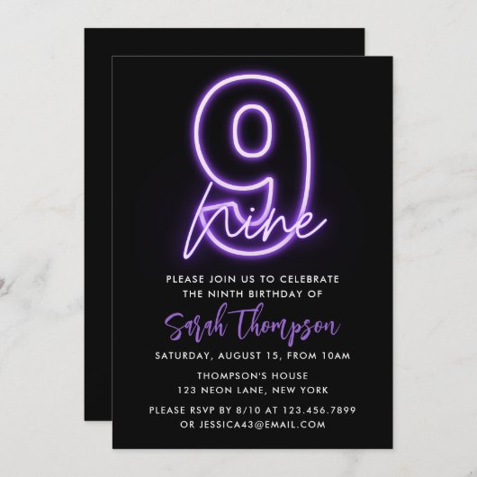 Paarse Neon 9e verjaardag Uitnodiging (Voorkant / Achterkant)