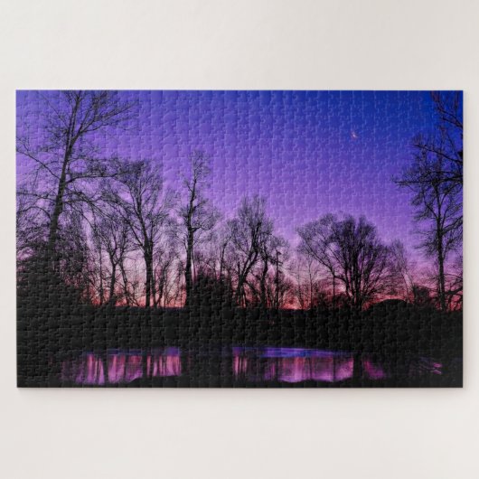 Paarse Neon Art Sunrise Lake Reflection Legpuzzel (Horizontaal)
