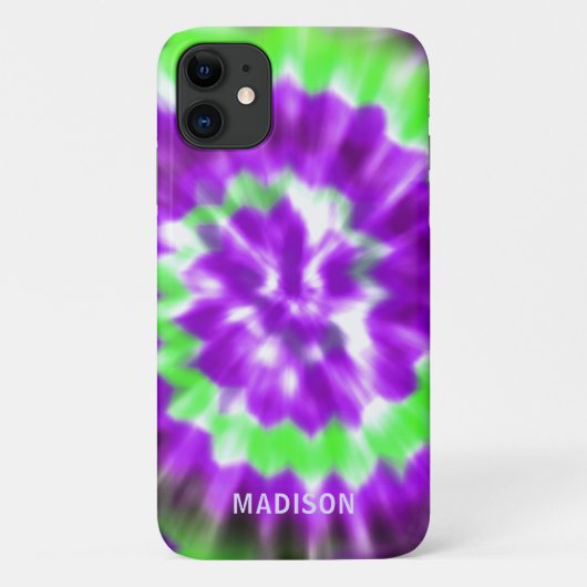 Paarse Neon Groene Tie Dye Patroon Aangepaste naam Case-Mate iPhone Case (Achterkant)