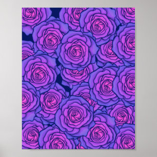 Paarse Neon Rozen Black Light Style Floral Art Poster