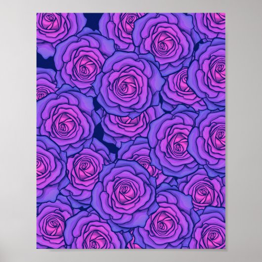 Paarse Neon Rozen Black Light Style Floral Art Poster (Voorkant)