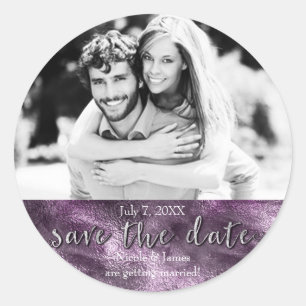 Paarse Nep Folie Glamour Chic Save The Date Foto Ronde Sticker