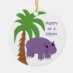 Paarse Nijlpaard met een Palmboom Keramisch Ornament