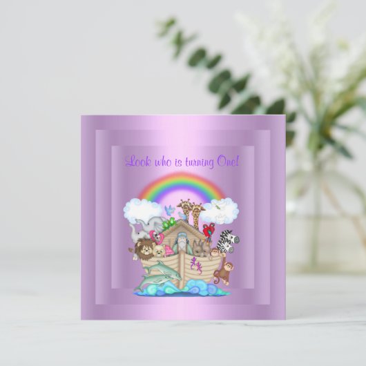 PAARSE NOAHS ARK PARTITY INVITATION KAART (Staand voorkant)